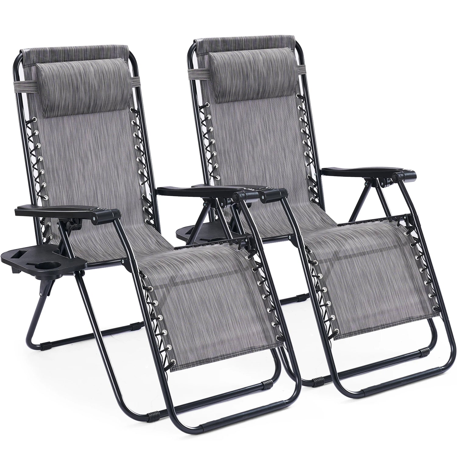 Zero Gravity Recliner Chairs Set of 2 — Portable Folding Lounge Chairs with Cup Holder Tray &amp; Headrest