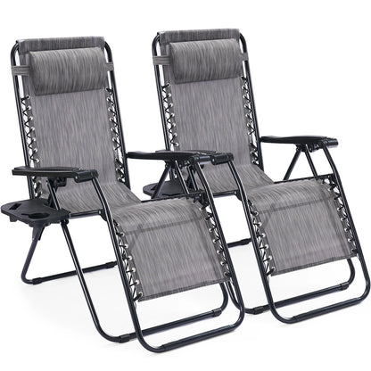 Zero Gravity Recliner Chairs Set of 2 — Portable Folding Lounge Chairs with Cup Holder Tray &amp; Headrest
