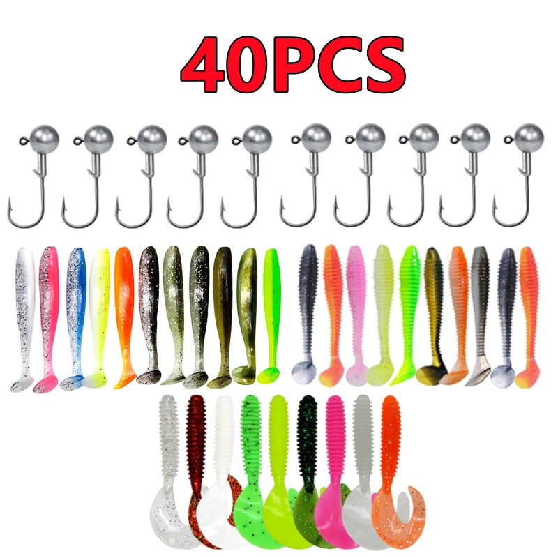 Soft Silicone Worm Fishing Lures with Jig Head Hooks | 15, 20 &amp; 40 Pack | Assorted Colors | Bass &amp; Finesse