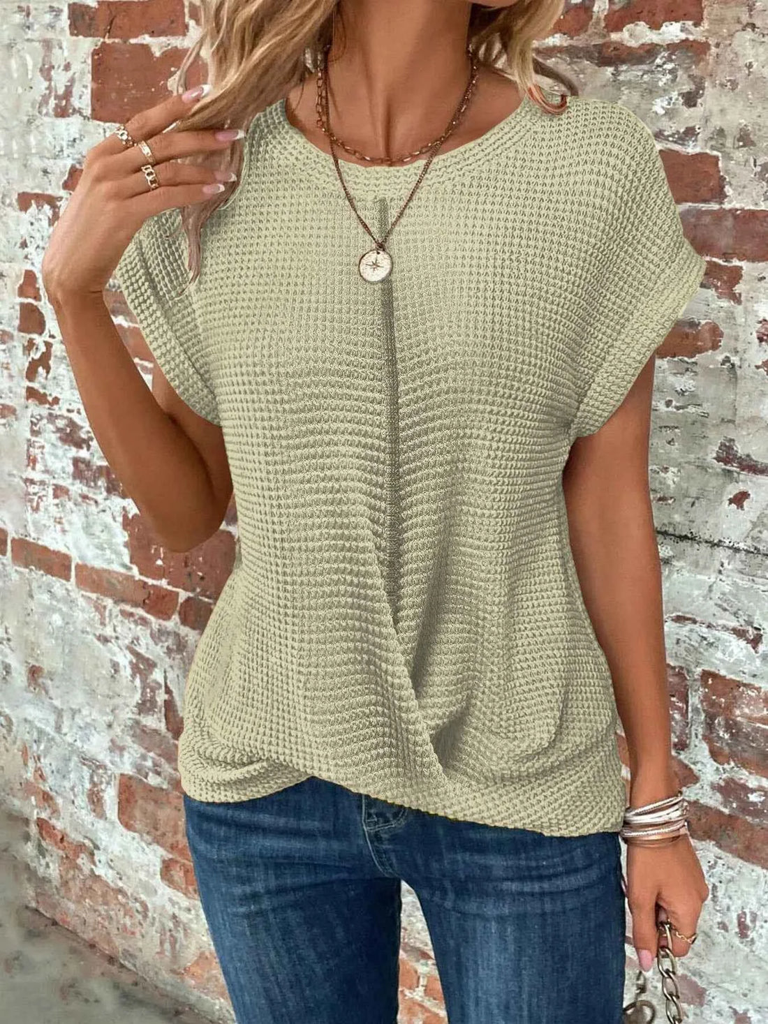 2024 New cross-border solid color round-collar T-shirt elegant short-sleeved twisted top spring and summer women&