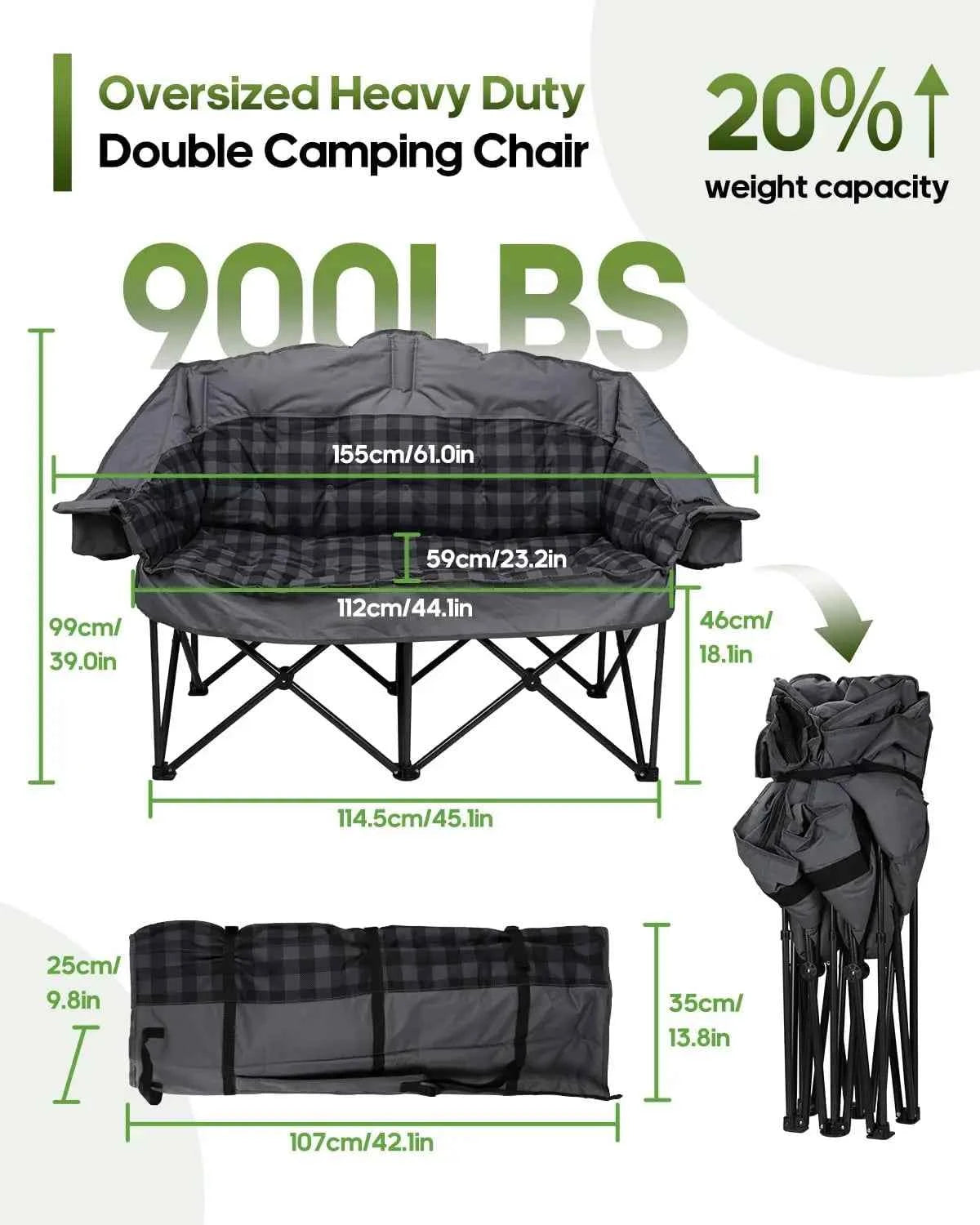 Padded Double Camping Chair Loveseat Couch With 2 In 1 Carry Bag, Gray | Oversized 2 Person Camping Chairs Heavy Duty Folding