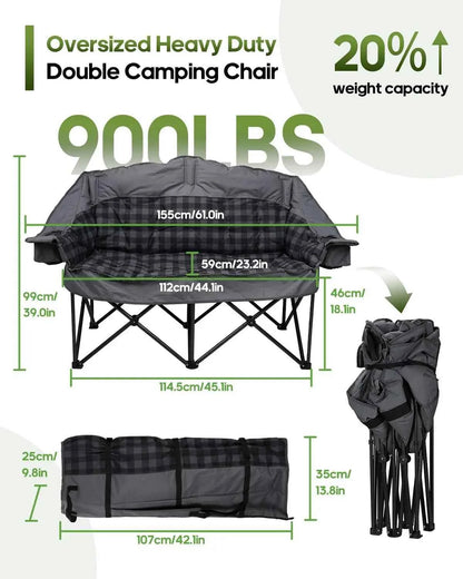 Padded Double Camping Chair Loveseat Couch With 2 In 1 Carry Bag, Gray | Oversized 2 Person Camping Chairs Heavy Duty Folding