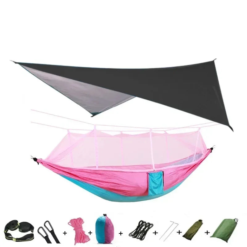 Double Camping Hammock with Mosquito Net, Rain Fly &amp; Tree Straps – 2 Person | 210T Nylon | 600 lb | 3000mm Rainfly