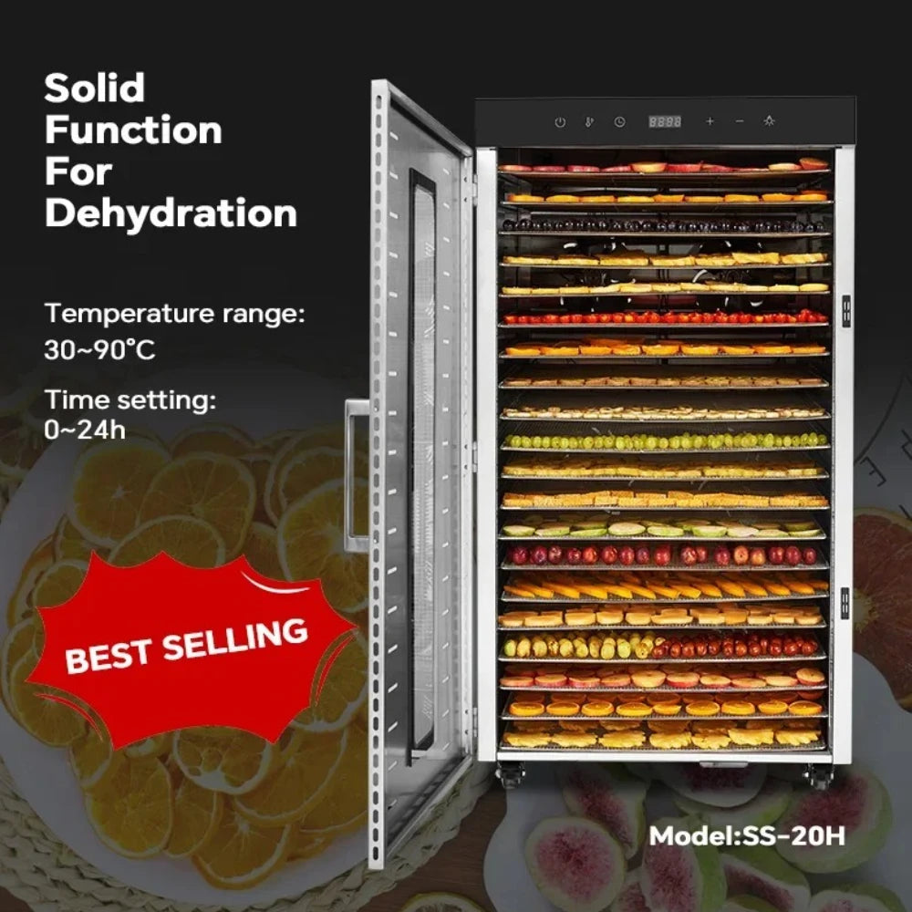 2000W Commercial Food Dehydrator 20 Trays Stainless Steel Jerky Maker 110V 220V Meat Fruit Dryer Machine 30-90℃ Pet Treat