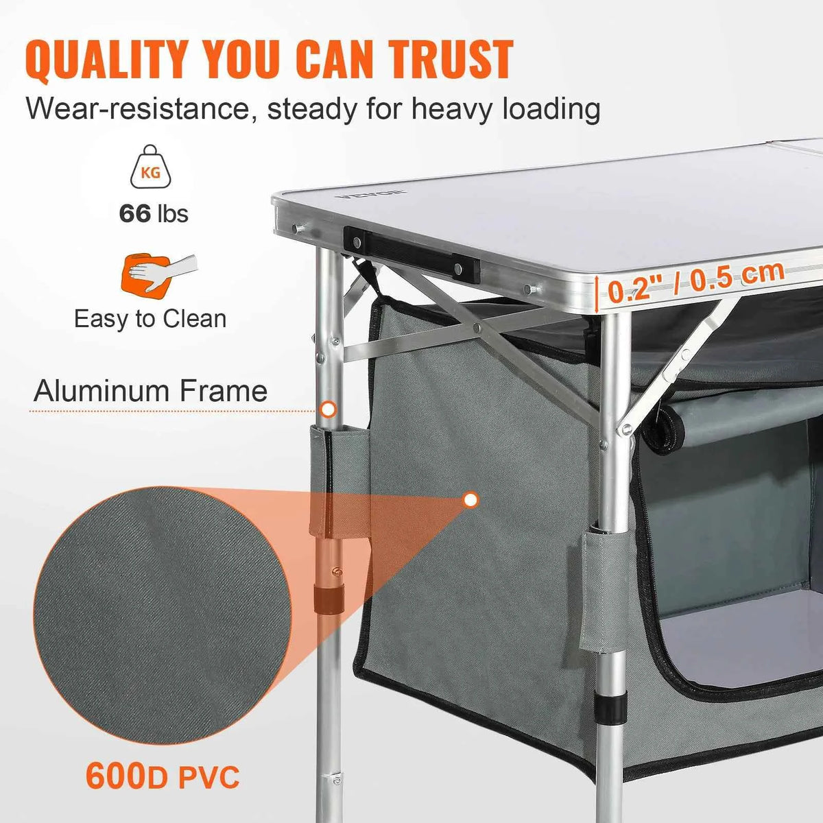 Folding Camping Kitchen Table – 3 Adjustable Heights | MDF Top 47.2" | Aluminum Frame | Quick Setup | No Tools
