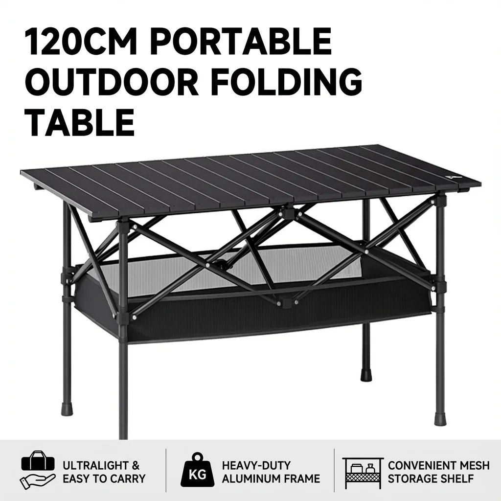 Aoran Portable Folding Camping Table – Adjustable Height, Mesh Shelf & Carry Bag, 95cm / 120cm