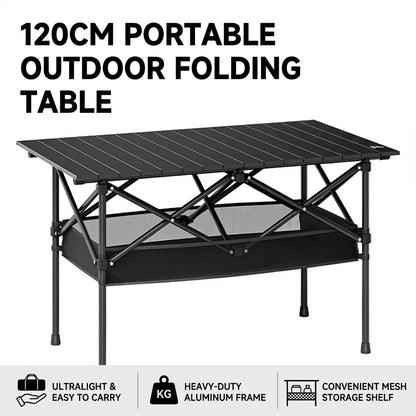 Aoran Portable Folding Camping Table – Adjustable Height, Mesh Shelf &amp; Carry Bag, 95cm / 120cm