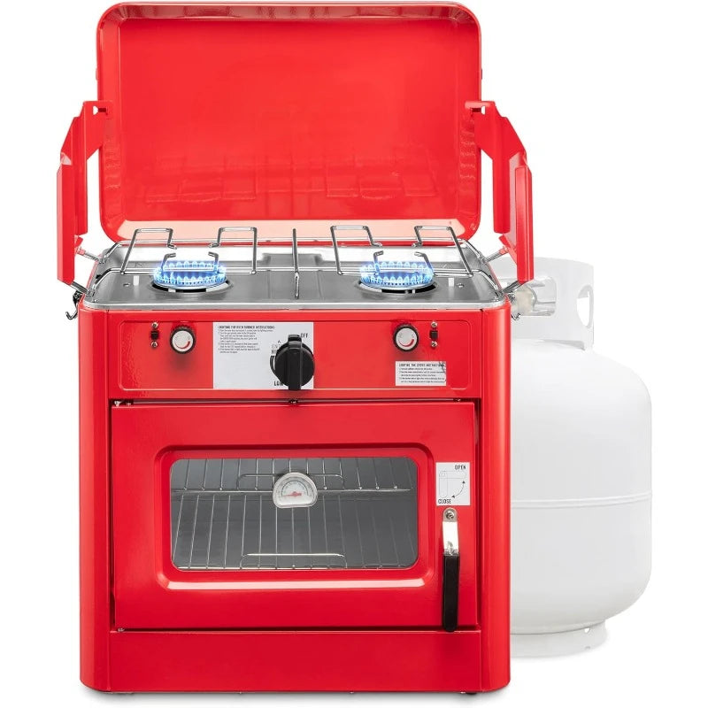 Outdoor Gas Camping Oven w/Carry Bag | CSA Approved Portable Propane-Powered 2-Burner Stove &amp; Oven | Auto Ignition