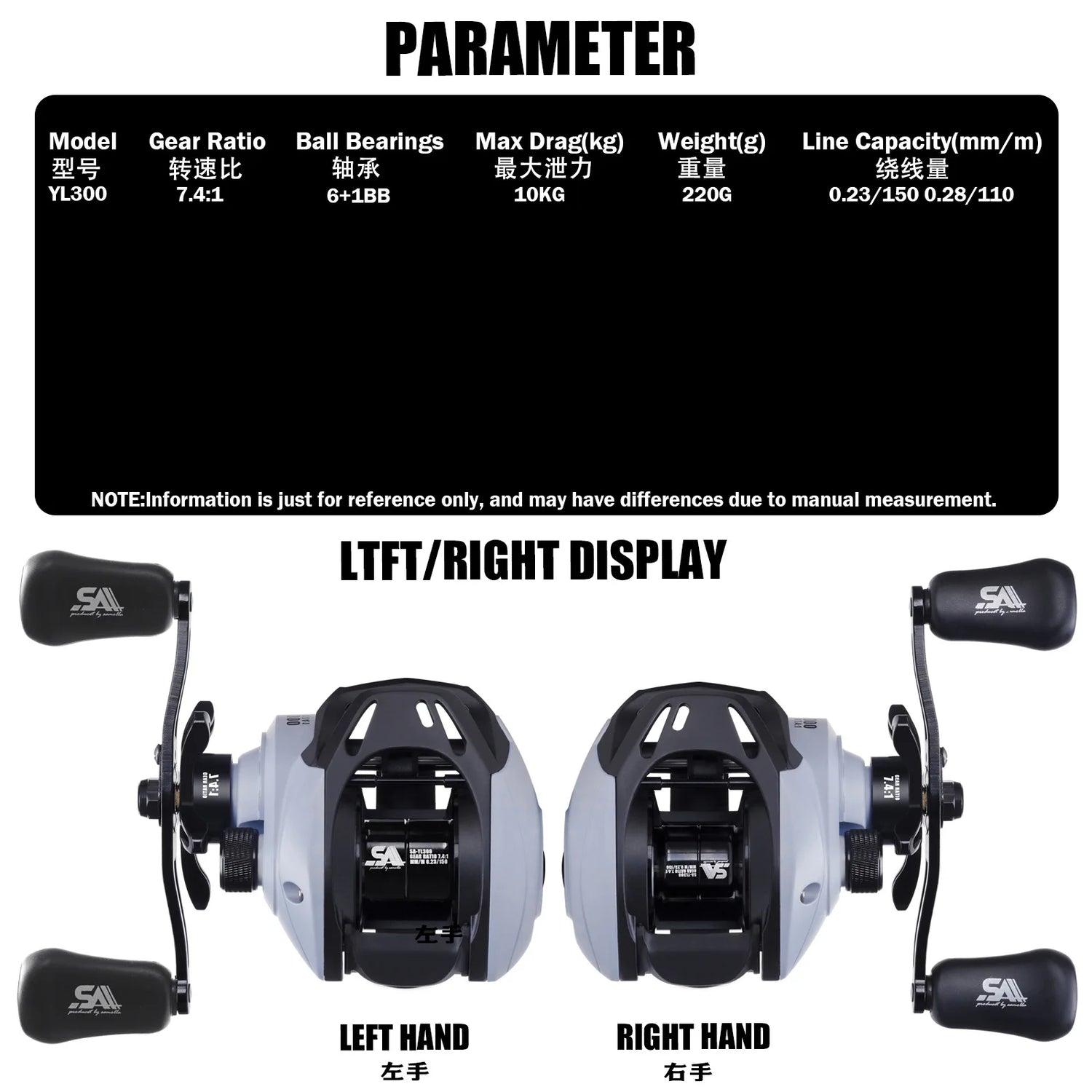 YL300 Baitcasting Fishing Reel – 6+1BB 7.4:1 Gear Ratio 10KG Drag Short-Shaft Spool for Snakehead, Lake &amp; Ocean Fishing