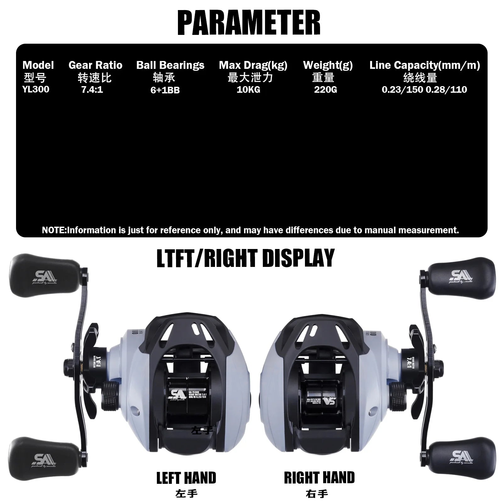 YL300 Baitcasting Fishing Reel – 6+1BB 7.4:1 Gear Ratio 10KG Drag Short-Shaft Spool for Snakehead, Lake &amp; Ocean Fishing
