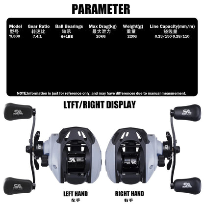 YL300 Baitcasting Fishing Reel – 6+1BB 7.4:1 Gear Ratio 10KG Drag Short-Shaft Spool for Snakehead, Lake &amp; Ocean Fishing