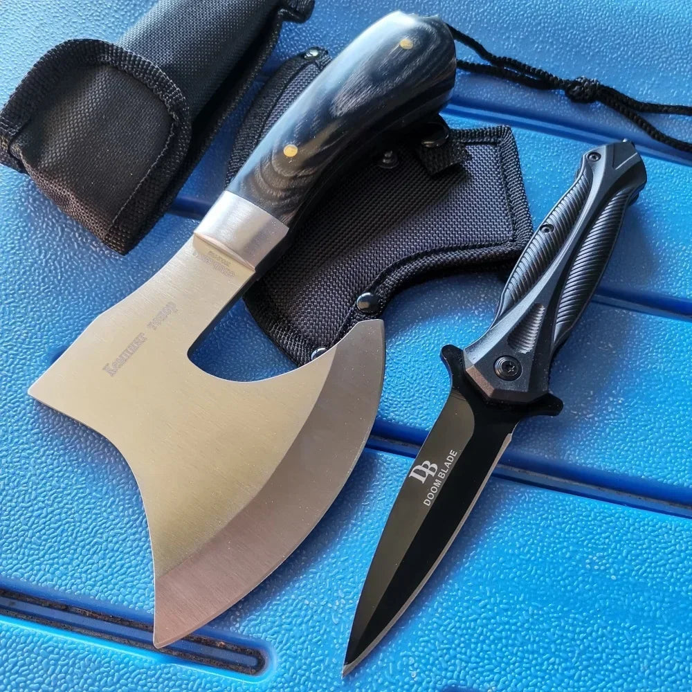 Stainless Steel Axe &amp; Folding Knife Combo Set: Durable for Outdoor Adventures, Camping &amp; Hiking