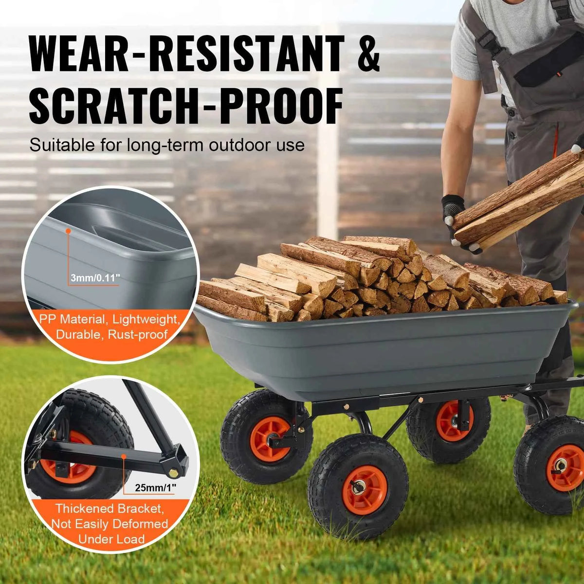 SucceBuy Heavy-Duty Garden Dump Cart – Poly Dump Wagon, 10" Wheels, 2-in-1 Handle, 600 or 1500 lbs Capacity