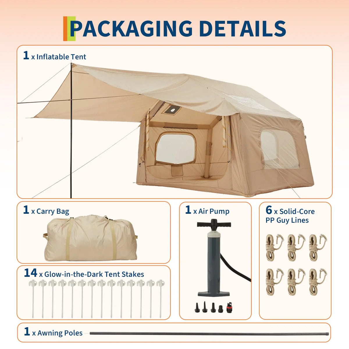 Spacious Inflatable Camping Tent – 6-8 Person, Quick Setup Air Pole System, Skylight &amp; Canopy