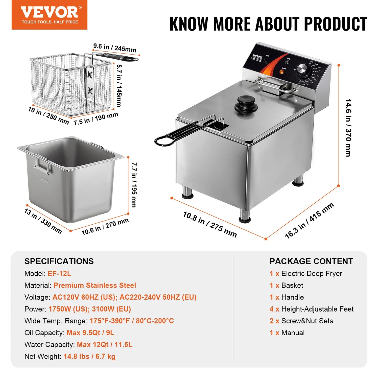 Commercial Deep Fryer Electric Countertop Fryer with Basket 11.6Qt Stainless Steel Single Oil Fryer w/Time&amp;Temp Control