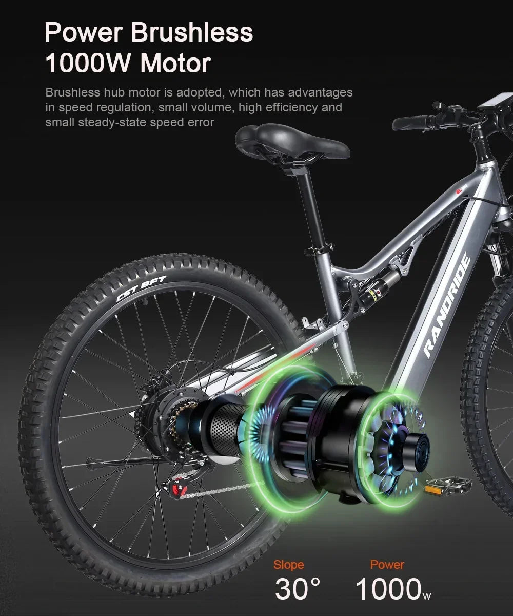 Electric Bicycle RANDRIDE YG90 1000W 48V17AH Hydraulic Brake E-bike with Full Suspension  21 Gears Shift Free Rack Electric bike
