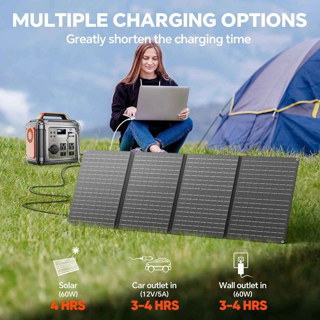 300W Portable Power Station + 60W Solar Panel – 296Wh Solar Generator with 13 Output Ports &amp; LED Light (SBAOH P302)