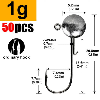 Round Ball Jig Heads – 50 Pack | Weedless Barbed Hook | 1g–20g | Bass, Crappie &amp; Trout