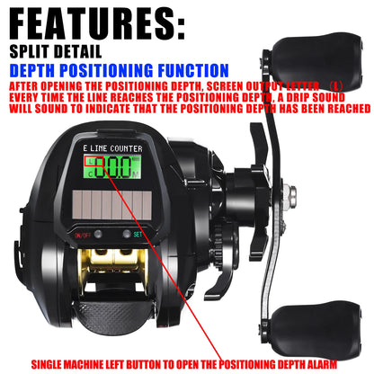 SAMOLLA Electronic Baitcasting Reel – LED Screen, USB &amp; Solar Charging, 7.2:1 Gear Ratio, Waterproof Saltwater Drum Reel