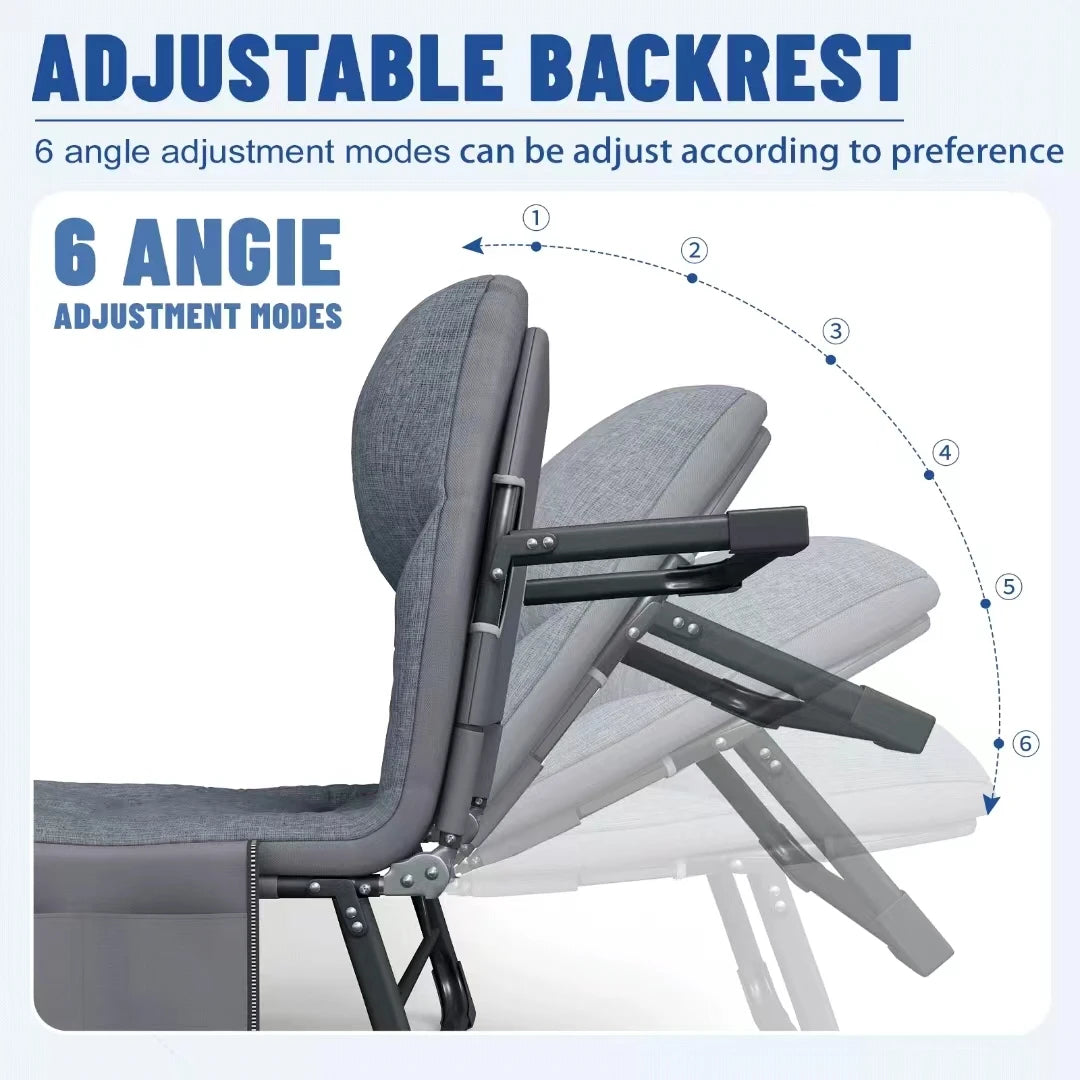 Portable Folding Lounge Chair – 6-Position Adjustable Backrest, Side Pocket, for Camping, Office &amp; Home