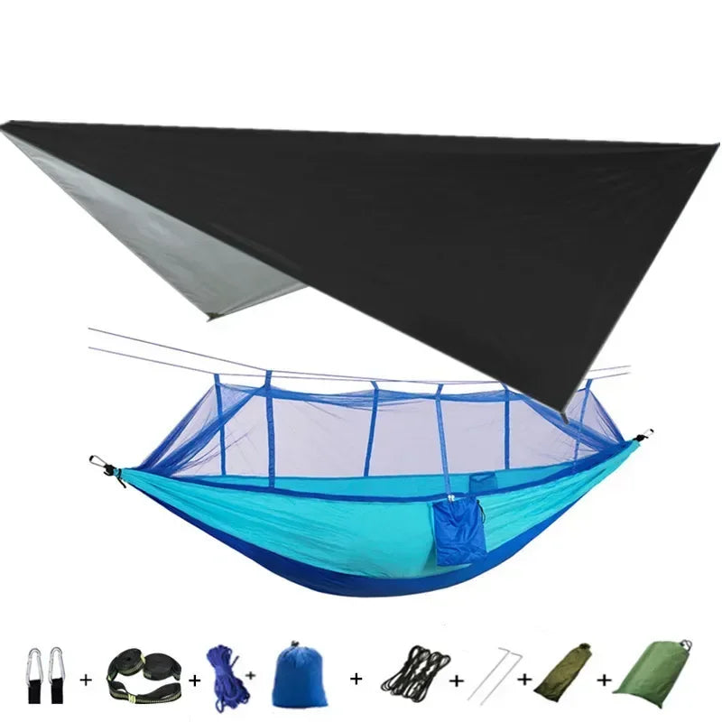 Double Camping Hammock with Mosquito Net, Rain Fly &amp; Tree Straps – 2 Person | 210T Nylon | 600 lb | 3000mm Rainfly