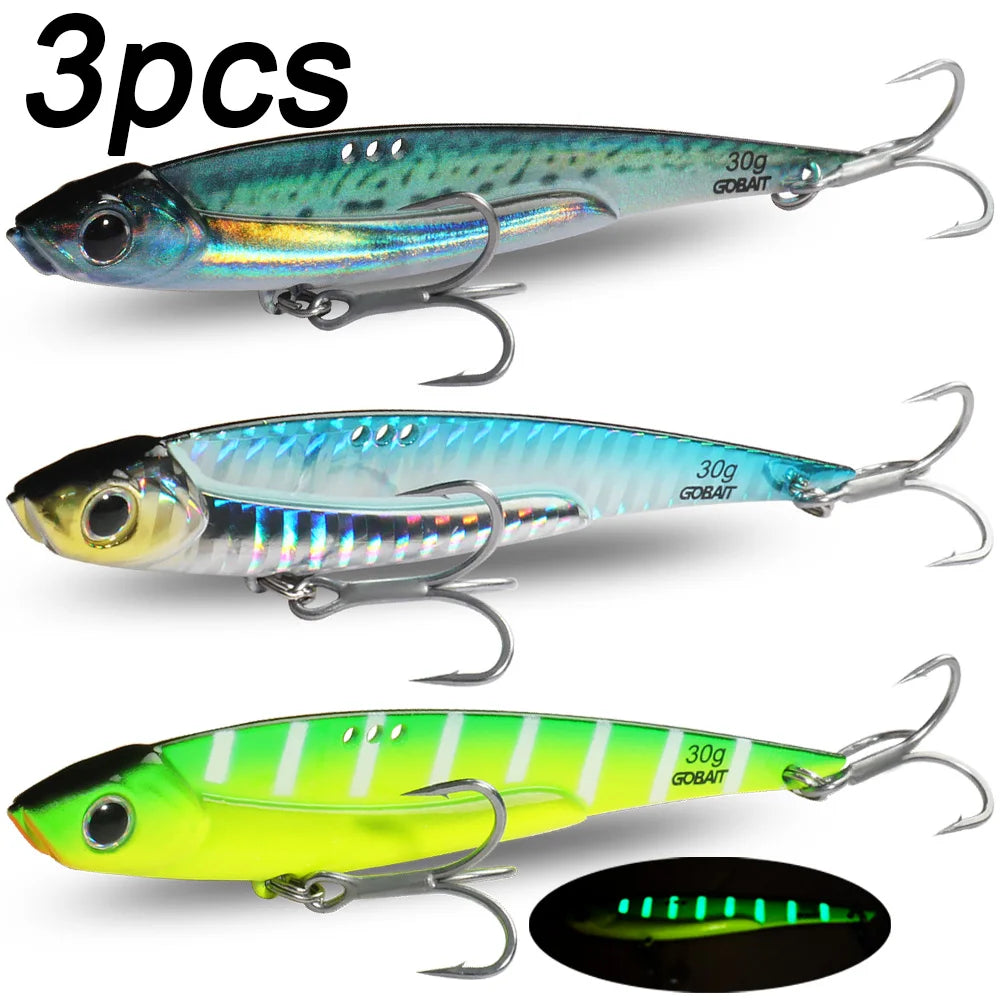 GOBAIT Metal VIB Fishing Lure Kit – 20g, 25g &amp; 30g | Holographic Laser Skin | Treble Hook | Sea, Pike &amp; Bass