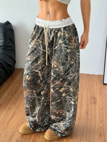 Y2K Oversized Hip Hop Baggy Pants Fashion Women Drawstring Pocket Branch Camouflage Wide Leg Pant Casual Sweatpants Cargo Trouser