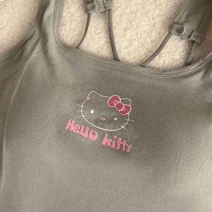 Summer Cute Girly Style HelloKitty Printed Suspender Vest with Chest Pad Slim Pinch Waist Versatile Vintage Top