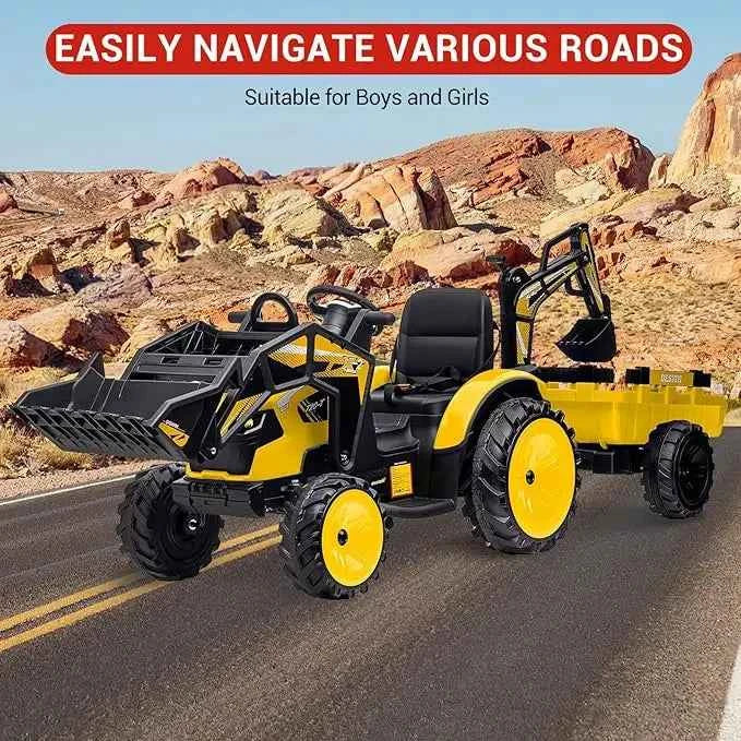 24V 3-in-1 Ride-On Tractor with Excavator &amp; Bulldozer Modes — Kids Electric Construction Vehicle with Trailer, Digger, Shovel Bucket, Parent Remote Control, LED Lights, Music &amp; USB, Battery