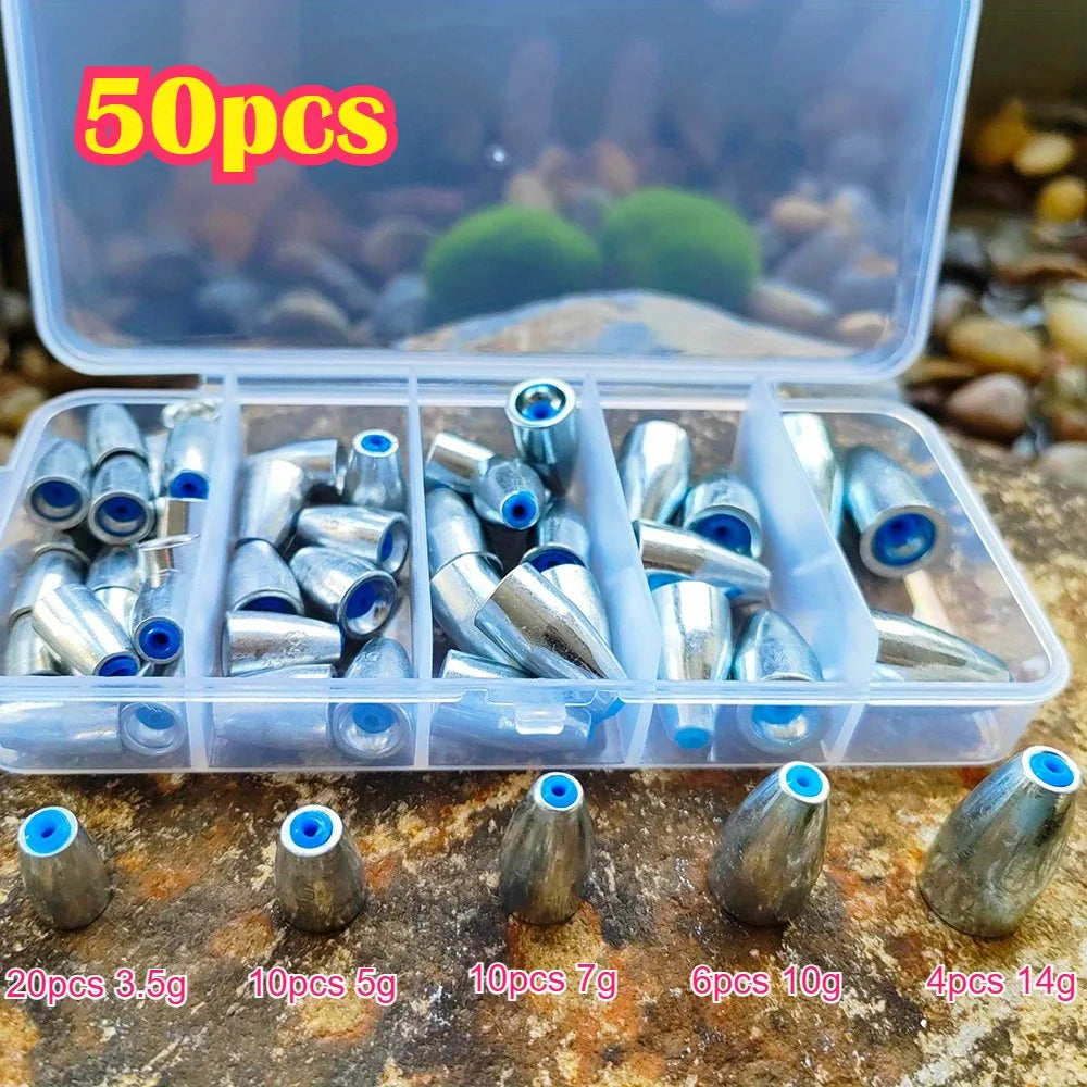 50-Piece Carbon Steel Bullet Fishing Sinkers – 3.5g, 5g, 7g, 10g &amp; 14g | Bass &amp; Sea Fishing Weights