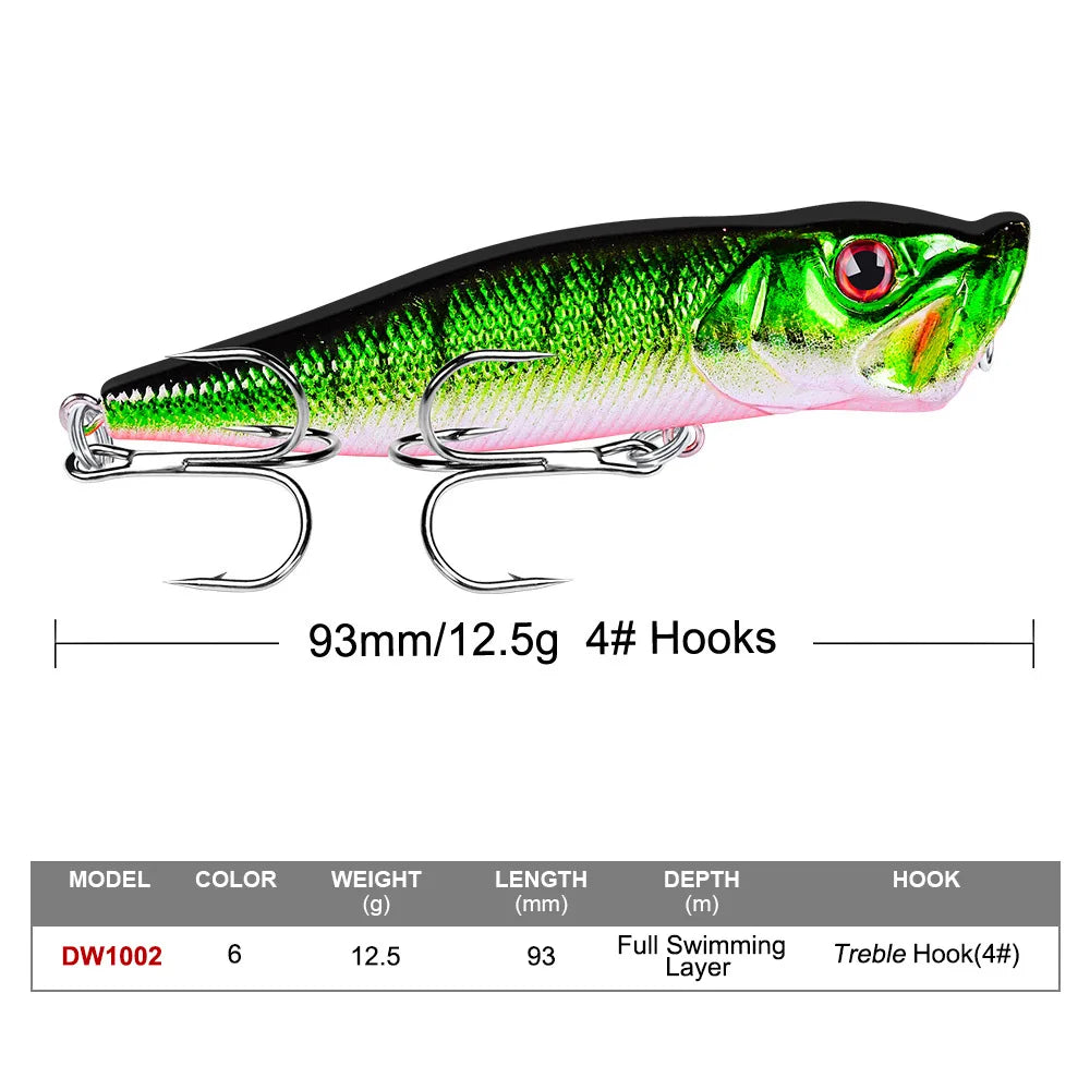 Popper Lure Topwater Fishing Bait – 93mm/12.5g Hard Bait Artificial Wobbler Plastic Fishing Tackle