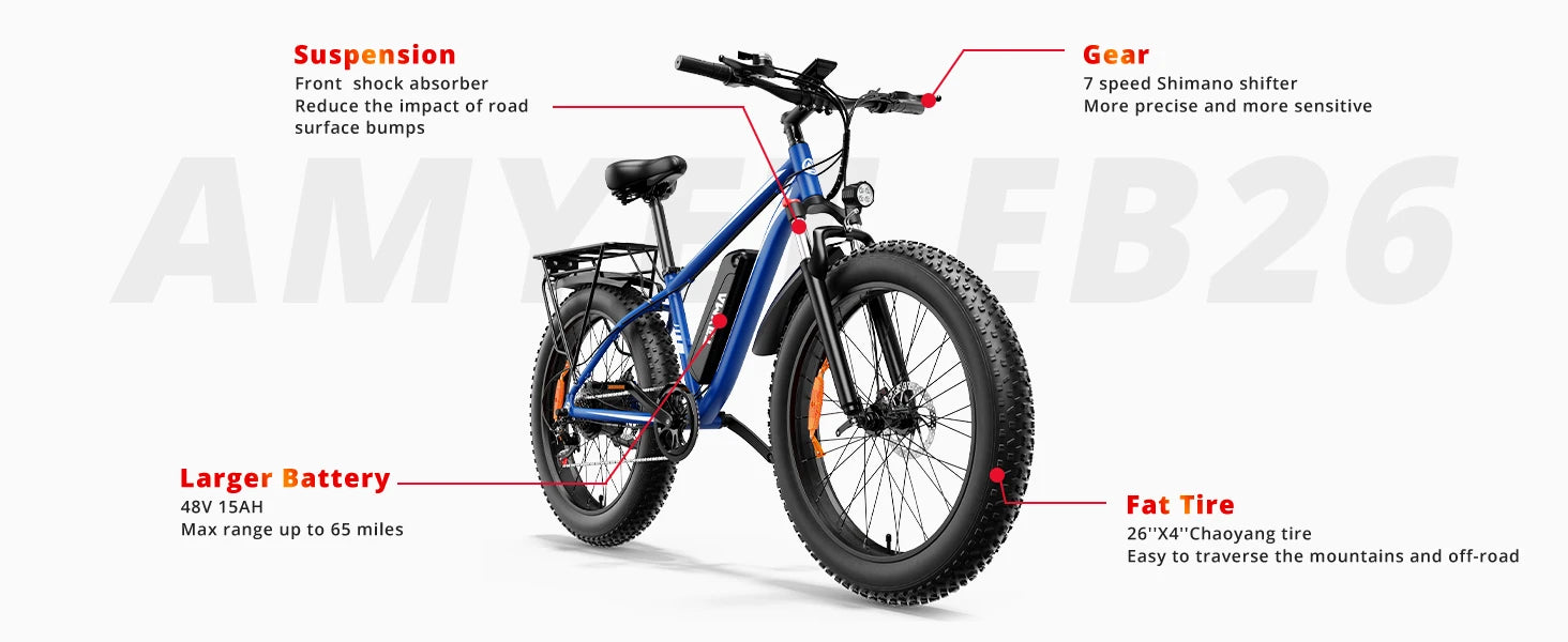 AMYET Electric Bike EB26 Blue Adults Electric Bicycle 28mph Peak 1500W 720WH Ebike 26" Fat Tire Mountain Bike Electric Dirt Bike