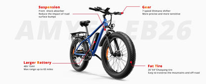 AMYET Electric Bike EB26 Blue Adults Electric Bicycle 28mph Peak 1500W 720WH Ebike 26" Fat Tire Mountain Bike Electric Dirt Bike