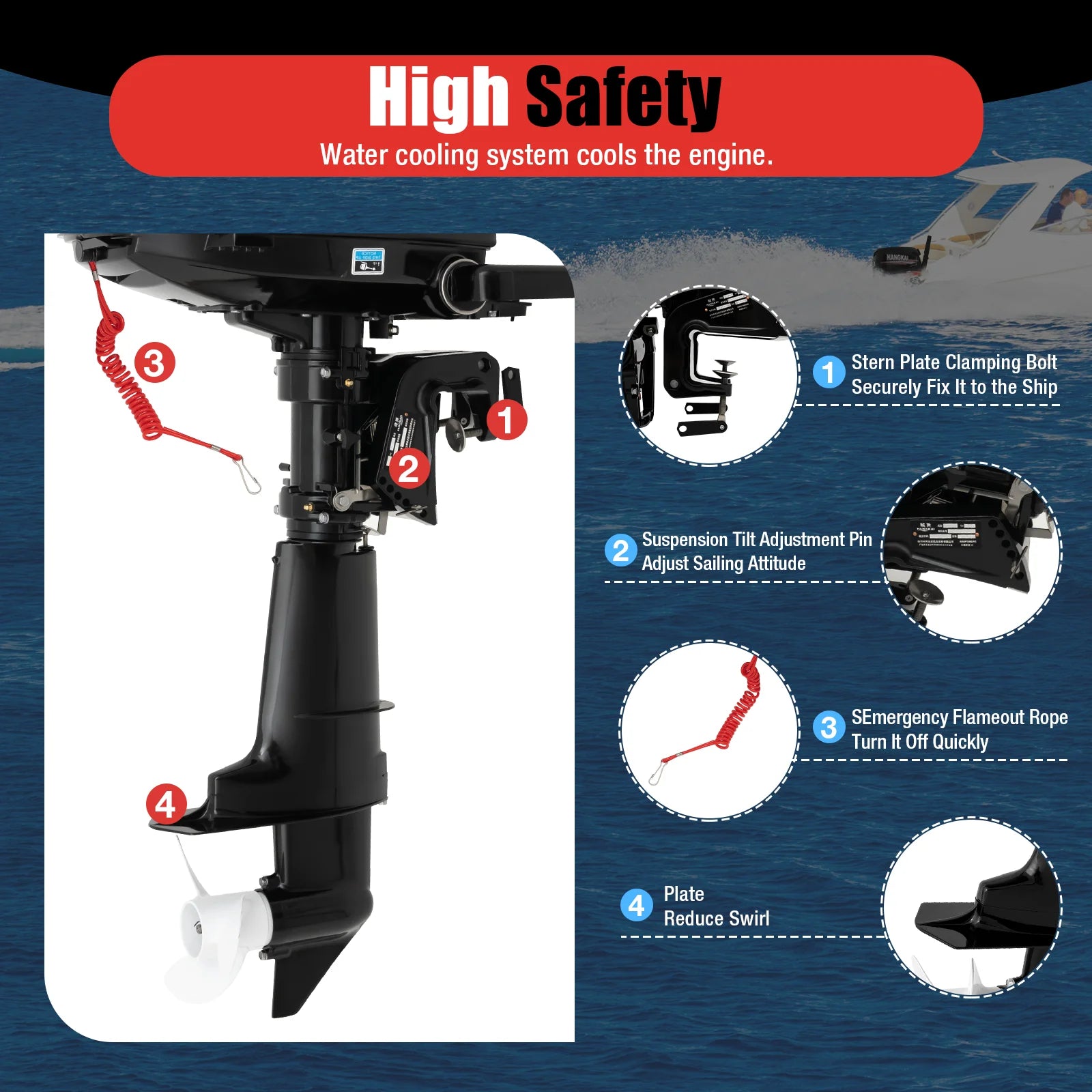 4-Stroke 6.5HP Outboard Motor 123CC, Gasoline Engine with with CDI Ignition &amp; Water-cooling System for Inflatable Fishing Boat