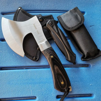 Stainless Steel Axe &amp; Folding Knife Combo Set: Durable for Outdoor Adventures, Camping &amp; Hiking