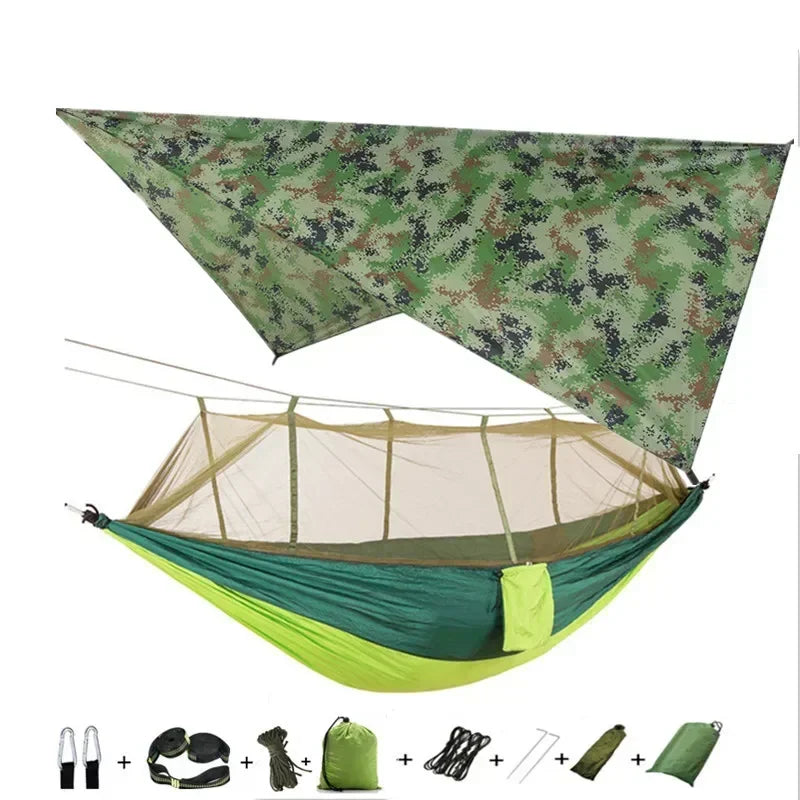 Double Camping Hammock with Mosquito Net, Rain Fly &amp; Tree Straps – 2 Person | 210T Nylon | 600 lb | 3000mm Rainfly