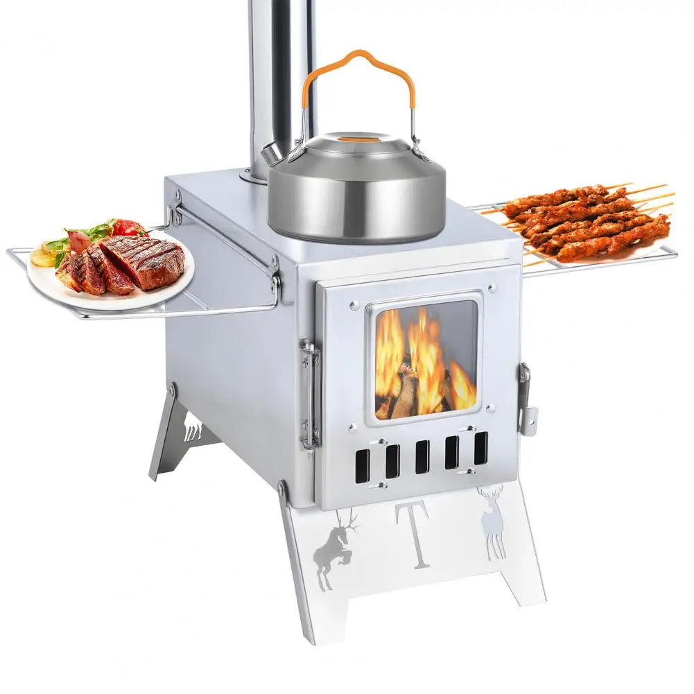 Wood Burning Camping Stove | Stainless Steel | 5-Pipe System &amp; Viewing Window