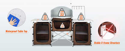 Premium Folding Camp Kitchen Table with Cabinet &amp; Windscreen | Aluminum + MDF