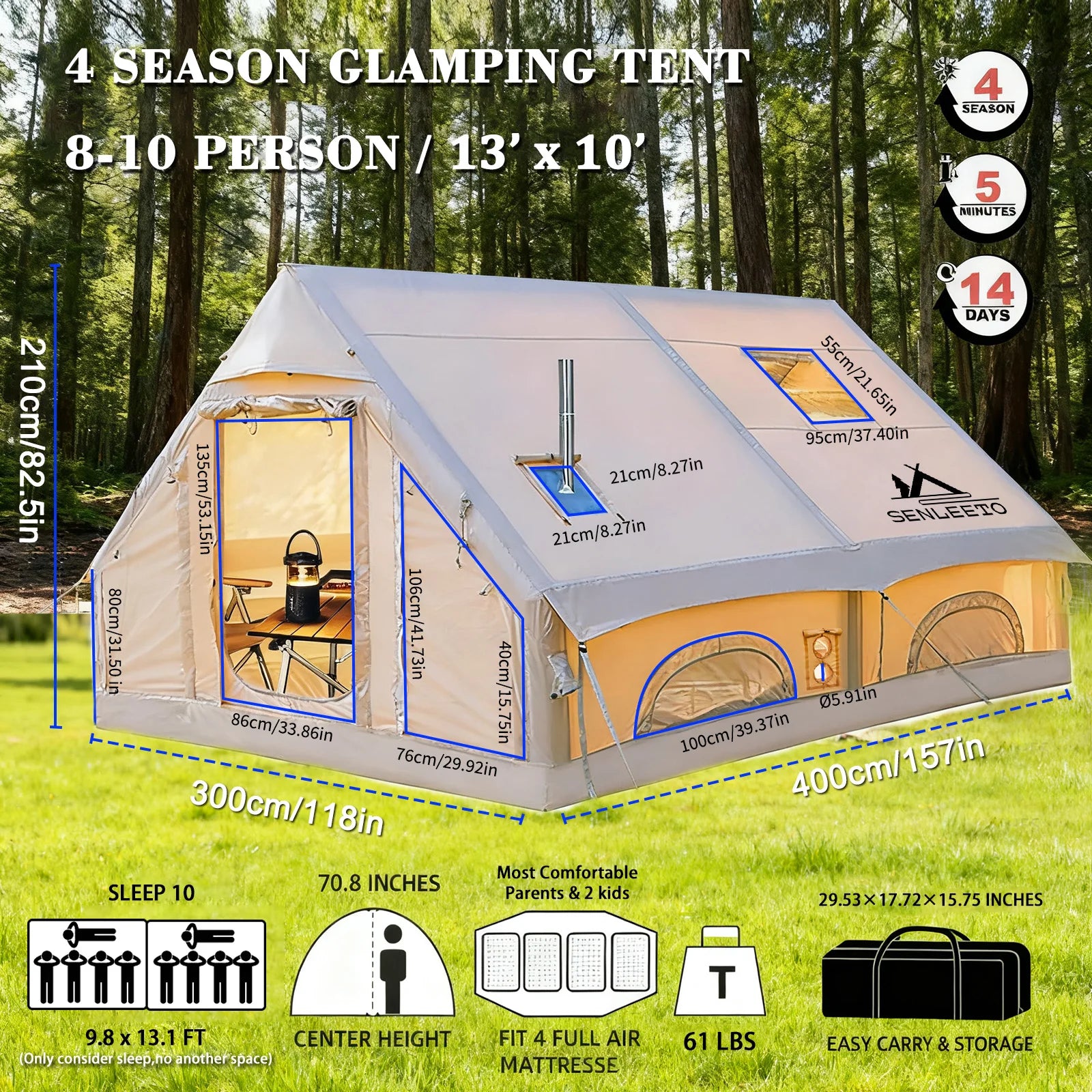SENLEETO 6-8 Person Inflatable Camping Tent | Stove Jack, AC Vent &amp; Pump Included