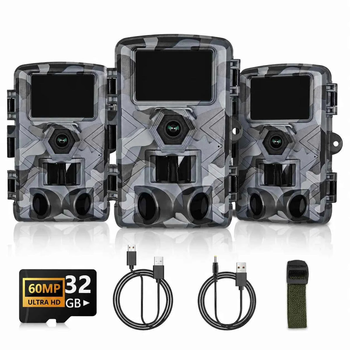 Fargarloo 60MP WiFi Trail Camera 3-Pack – 1296P HD, App Control, IP66, 32GB Each