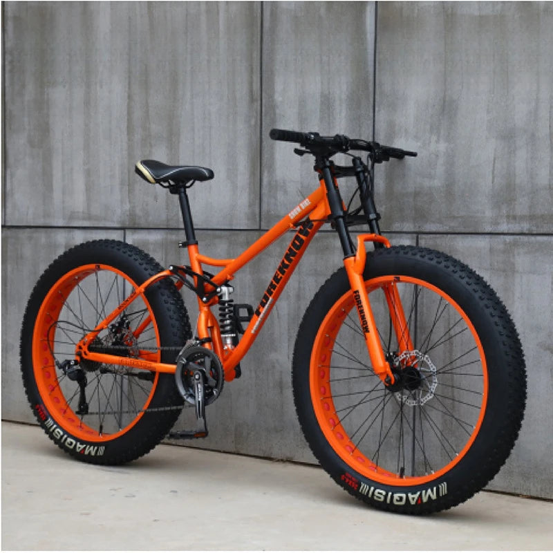 Fat Tire Mountain Bike – 4.0" Wide Tires, Soft-Tail Frame, Double Disc Brakes, 7–27 Speed, 24" or 26" Wheel, Unisex