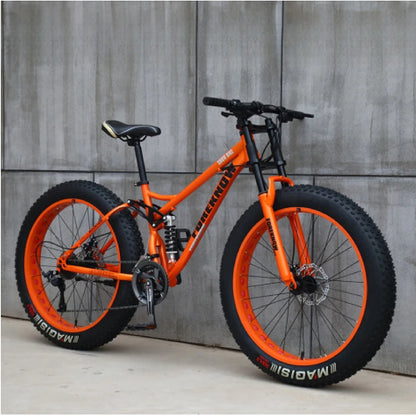 Fat Tire Mountain Bike – 4.0" Wide Tires, Soft-Tail Frame, Double Disc Brakes, 7–27 Speed, 24" or 26" Wheel, Unisex
