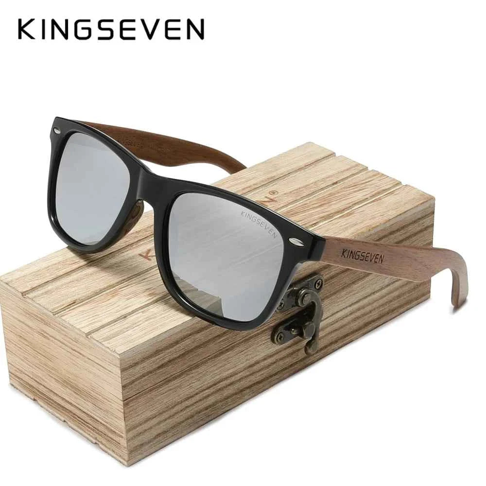 KINGSEVEN W5777 Natural Wood Sunglasses – Polarized Mirror, UV400, Rectangle