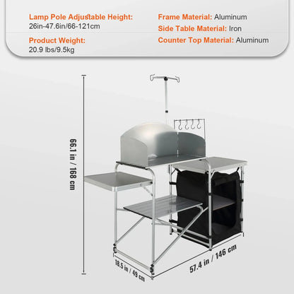 Premium Folding Camp Kitchen Table with Cabinet &amp; Windscreen | Aluminum + MDF