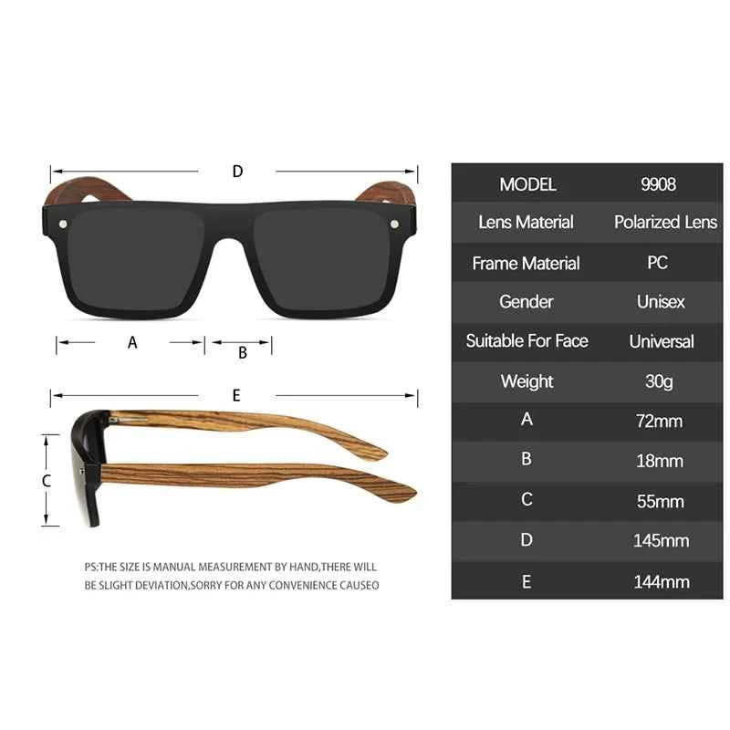 OI Wood 9908 Natural Wood Sunglasses – Polarized Mirror, UV400, Square, Unisex