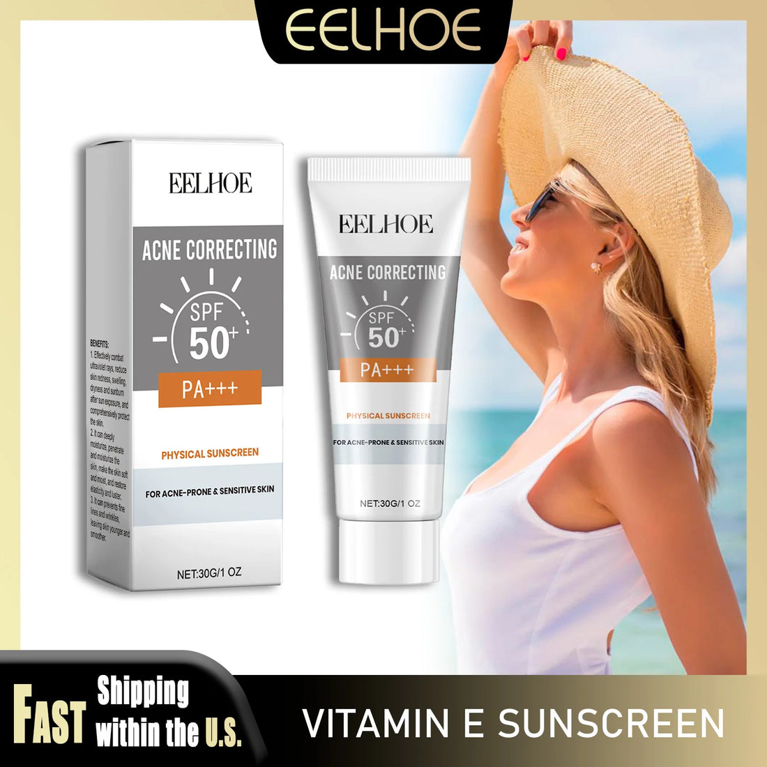 EELHOE 30g Vitamin E Sunscreen Long-lasting Moisturizing Anti-UV Anti-dry Skin SPF 50 Cream Maintains Elasticity Glow Skin Care