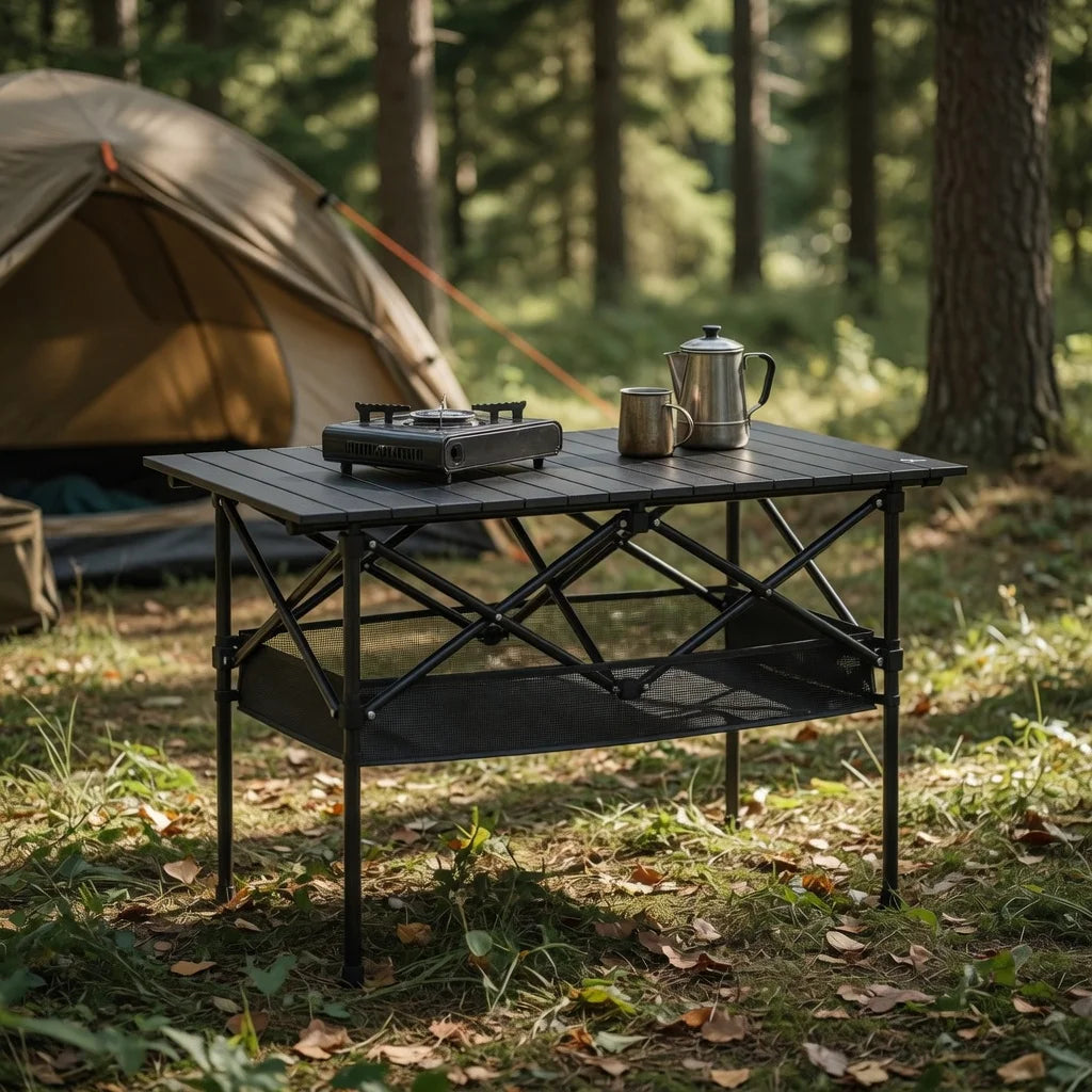 Aoran Portable Folding Camping Table – Adjustable Height, Mesh Shelf &amp; Carry Bag, 95cm / 120cm