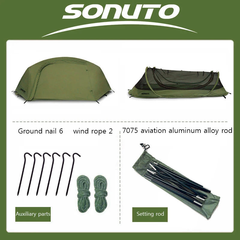 Sonuto 1-Person Camping Tent – Waterproof, Windproof, 4-Season with Aluminum Poles
