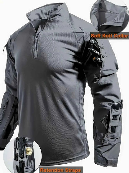 Men Outdoor Tactical Shirts Solid Training Long-Sleeve T-Shirt Tops Wear-Resistant Hunting Shirt Multi-Pocket Adventure Workwear
