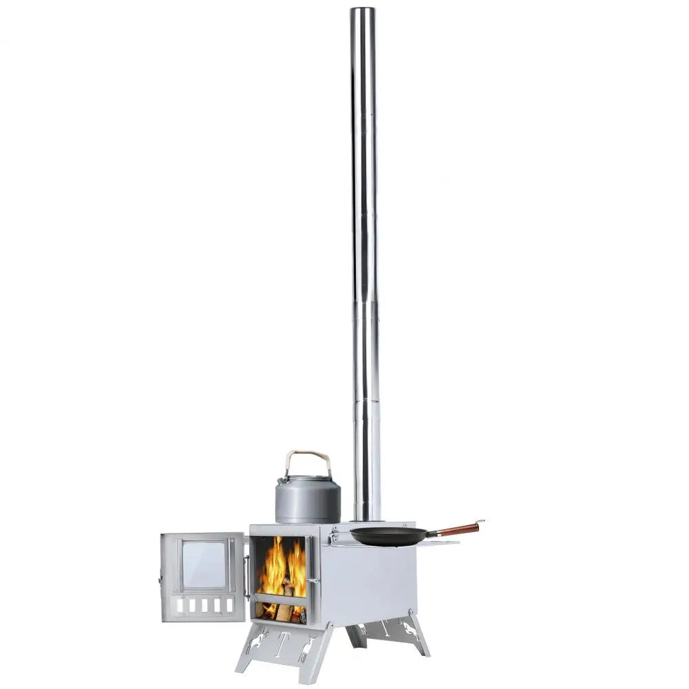 Wood Burning Camping Stove | Stainless Steel | 5-Pipe System &amp; Viewing Window